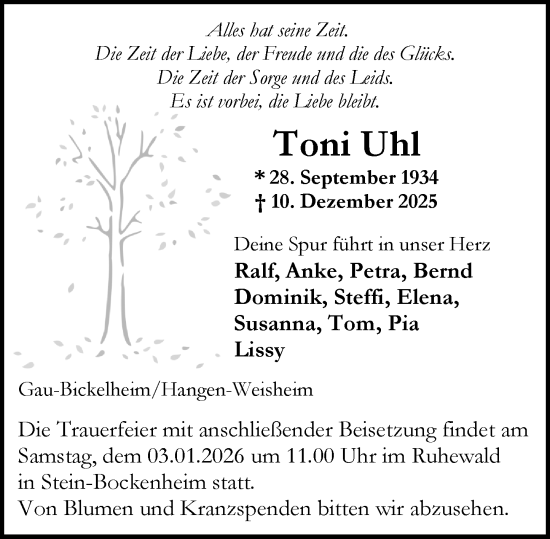 Traueranzeige von Toni Uhl von Allgemeine Zeitung Alzey