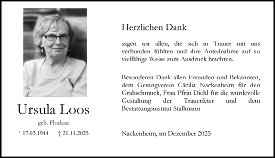Traueranzeige von Ursula Loos von Allgemeine Zeitung Mainz