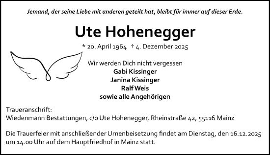 Traueranzeige von Ute Hohenegger von Allgemeine Zeitung Mainz