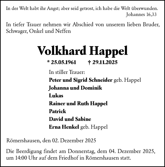 Traueranzeige von Volkhard Happel von Hinterländer Anzeiger