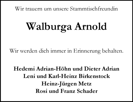 Traueranzeige von Walburga Arnold von Allgemeine Zeitung Alzey
