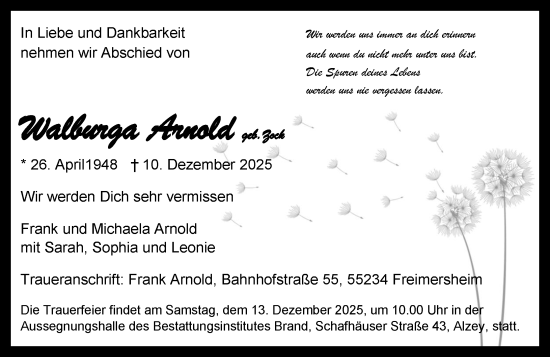 Traueranzeige von Walburga Arnold von Allgemeine Zeitung Alzey