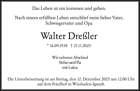 Traueranzeige von Walter Dreßler von Wiesbadener Kurier