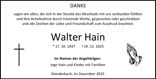 Traueranzeige von Walter Hain von Dill Block