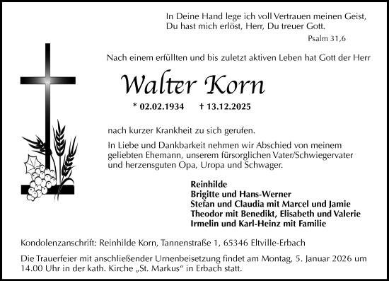 Traueranzeige von Walter Korn von Rheingau Kurier