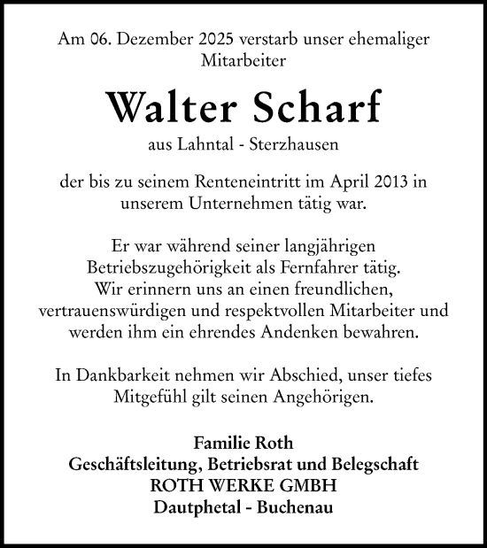 Traueranzeige von Walter Scharf von Hinterländer Anzeiger
