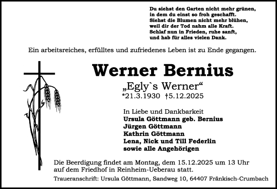 Traueranzeige von Werner Bernius von Odenwälder Echo