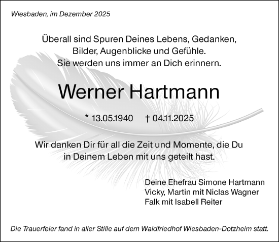 Traueranzeige von Werner Hartmann von Wiesbadener Kurier