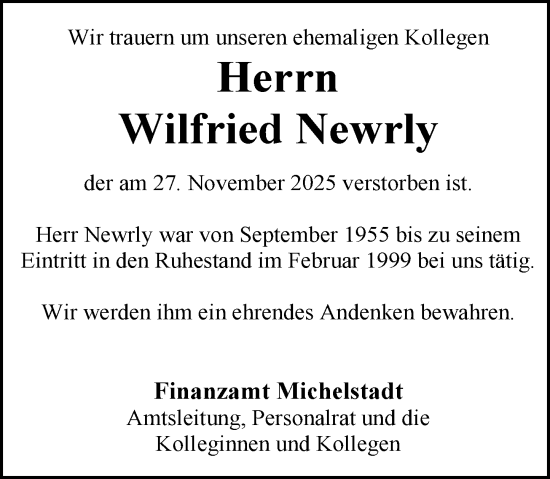 Traueranzeige von Wilfried Newrly von Odenwälder Echo