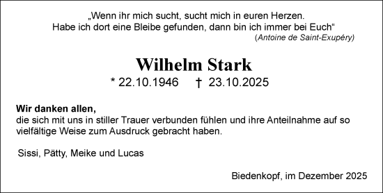 Traueranzeige von Wilhelm Stark von Hinterländer Anzeiger