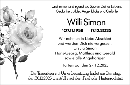 Traueranzeige von Willi Simon von Hinterländer Anzeiger