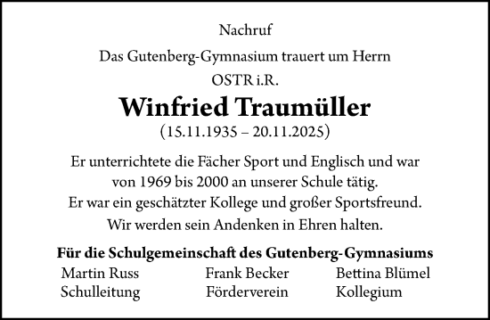 Traueranzeige von Winfried Traumüller von Allgemeine Zeitung Mainz