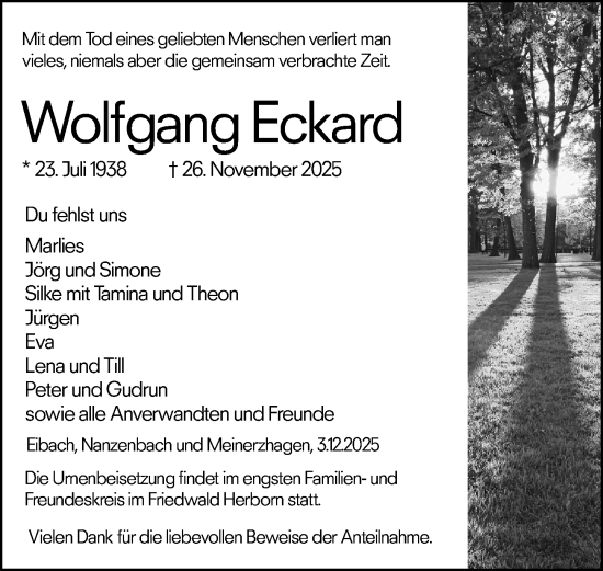 Traueranzeige von Wolfgang Eckard von Dill Block
