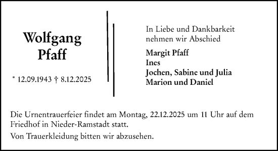 Traueranzeige von Wolfgang Pfaff von Darmstädter Echo