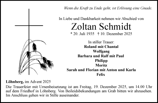 Traueranzeige von Zoltan Schmidt von Weilburger Tageblatt