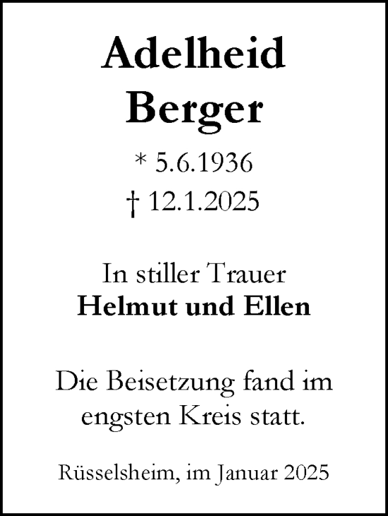 Traueranzeige von Adelheid Berger von Rüsselsheimer Echo
