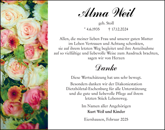 Traueranzeige von Alma Weil von Dill Block