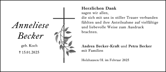 Traueranzeige von Anneliese Becker von Hinterländer Anzeiger