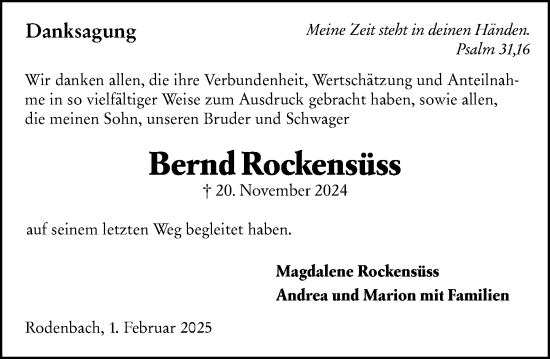 Traueranzeige von Bernd Rockensüss von Dill Block