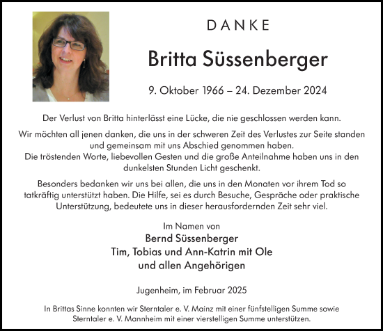 Traueranzeige von Britta Süssenberger von Allgemeine Zeitung Rheinhessen-Nahe
