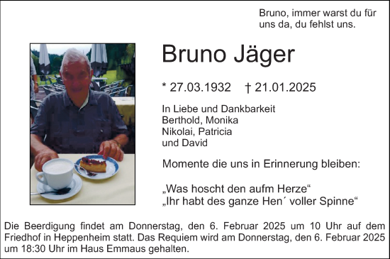 Traueranzeige von Bruno Jäger von Starkenburger Echo