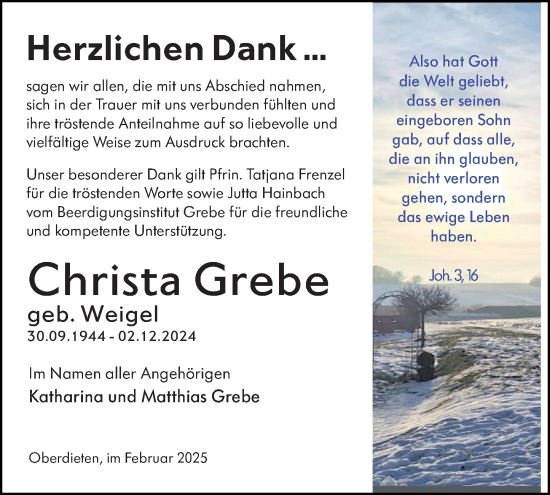 Traueranzeige von Christa Grebe von Hinterländer Anzeiger