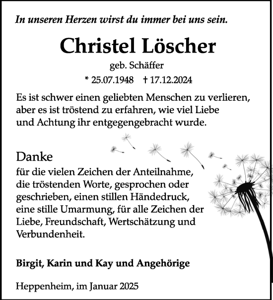 Traueranzeige von Christel Löscher von Starkenburger Echo