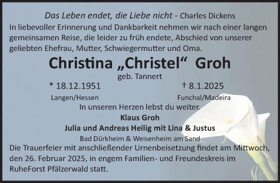 Traueranzeige von Christina Groh von Darmstädter Echo