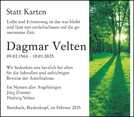 Traueranzeige von Dagmar Velten von Hinterländer Anzeiger