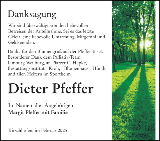 Traueranzeige von Dieter Pfeffer von Weilburger Tageblatt
