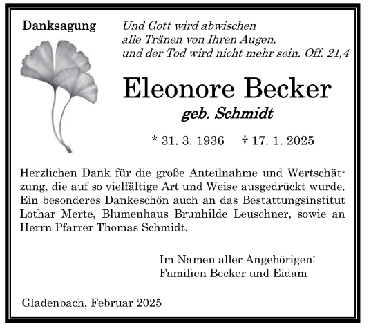 Traueranzeige von Eleonore Becker von Hinterländer Anzeiger
