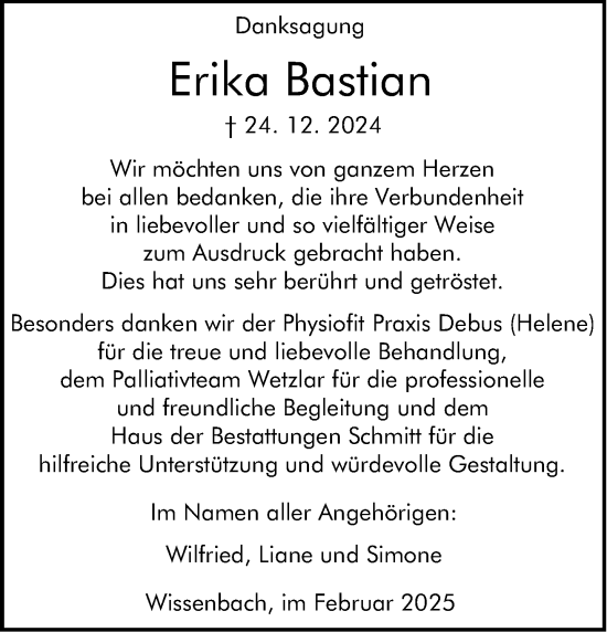 Traueranzeige von Erika Bastian von Dill Block