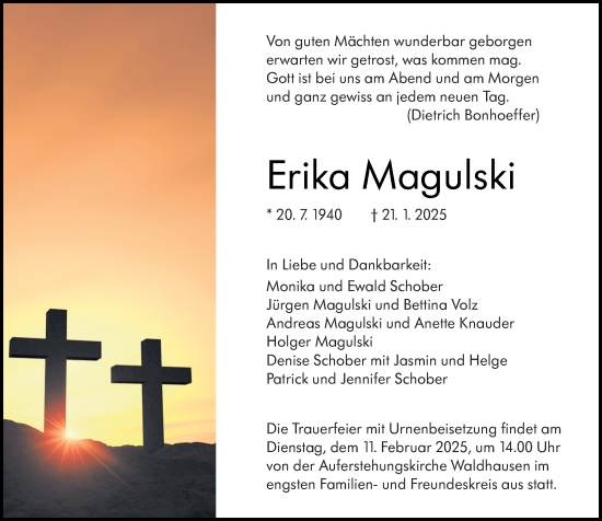 Traueranzeige von Erika Magulski von Weilburger Tageblatt