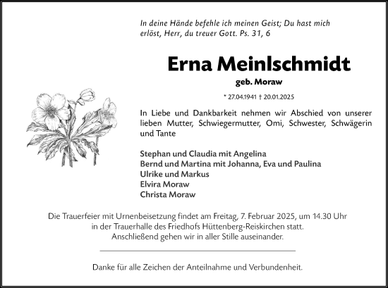 Traueranzeige von Erna Meinlschmidt von Wetzlarer Neue Zeitung
