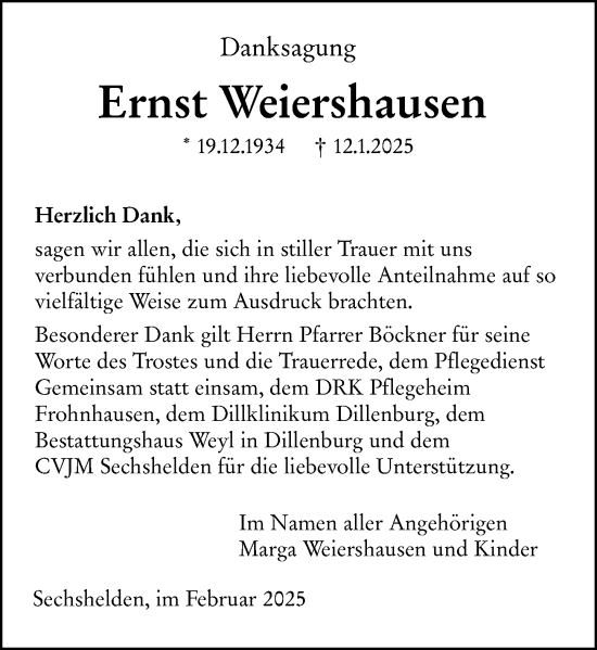 Traueranzeige von Ernst Weiershausen von Dill Block