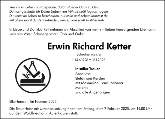 Traueranzeige von Erwin Richard Ketter von Weilburger Tageblatt