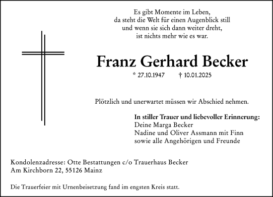 Traueranzeige von Franz Gerhard Becker von Allgemeine Zeitung Mainz