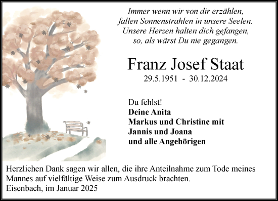 Traueranzeige von Franz Josef Staat von Camberger Anzeiger