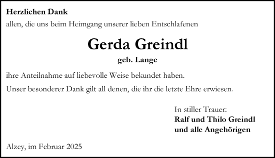 Traueranzeige von Gerda Greindl von Allgemeine Zeitung Alzey