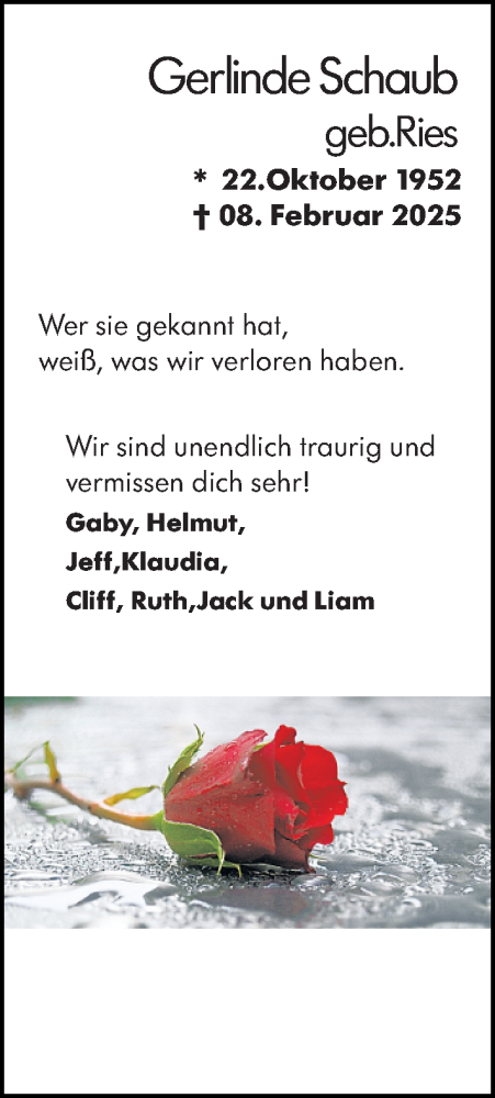 Traueranzeige von Gerlinde Schaub von Groß-Gerauer Echo
