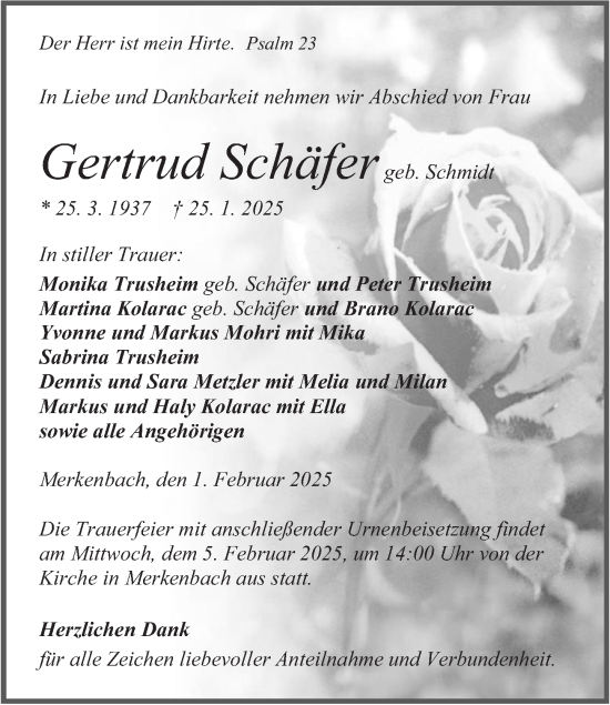 Traueranzeige von Gertrud Schäfer von Dill Block