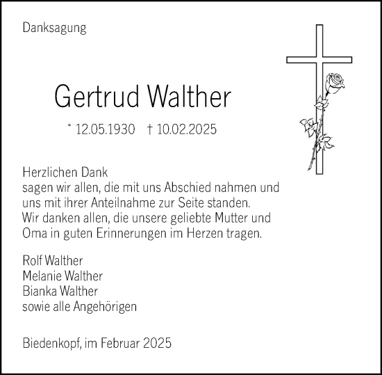 Traueranzeige von Gertrud Walther von Hinterländer Anzeiger