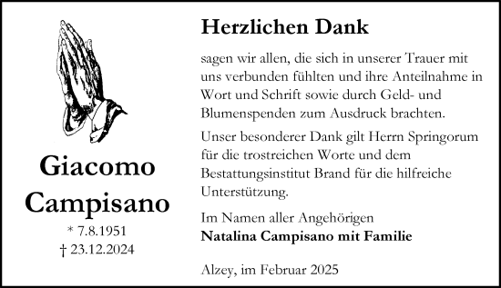 Traueranzeige von Giacomo Campisano von Allgemeine Zeitung Alzey