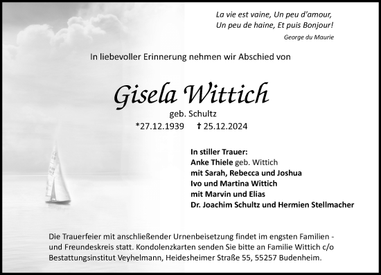 Traueranzeige von Gisela Wittich von Allgemeine Zeitung Mainz