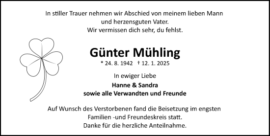 Traueranzeige von Günter Mühling von Allgemeine Zeitung Mainz