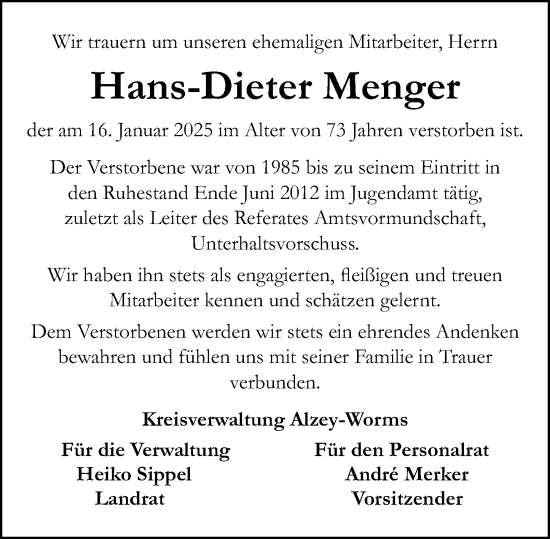 Traueranzeige von Hans-Dieter Menger von Allgemeine Zeitung Alzey