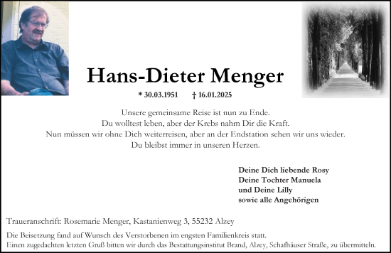 Traueranzeige von Hans-Dieter Menger von Allgemeine Zeitung Alzey