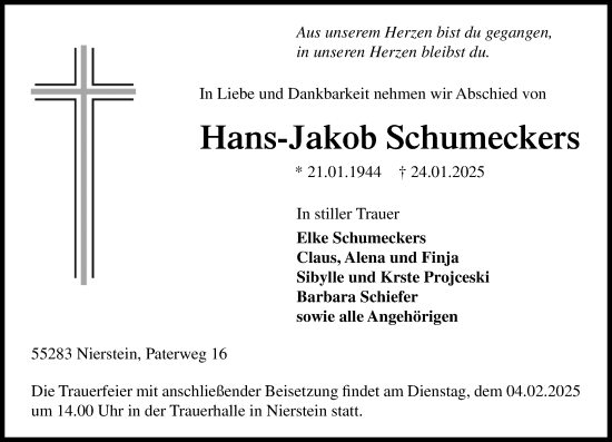 Traueranzeige von Hans-Jakob Schumeckers von Allgemeine Zeitung Mainz