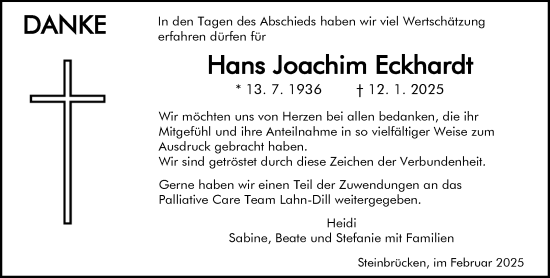 Traueranzeige von Hans Joachim Eckhardt von Dill Block