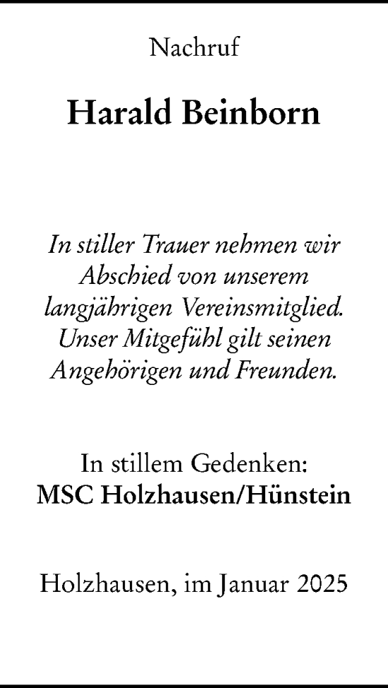 Traueranzeige von Harald Beinborn von Hinterländer Anzeiger